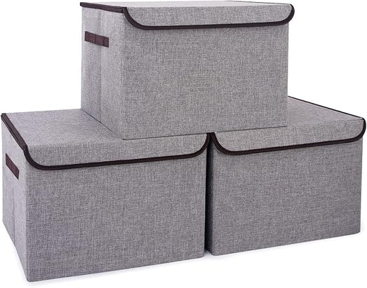 Bagnizer Large 17" 42 Quarts Collapsible Stackable Storage Bins with Lids [3-Pack] Foldable Fabric Linen Storage Boxes Cub...