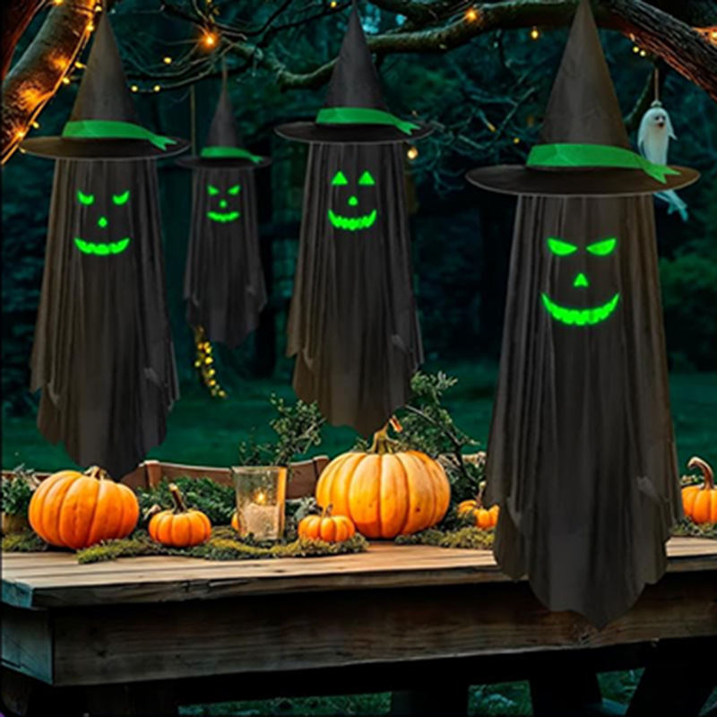 Halloween Glow-in-the-Dark Wizard Hat Ghost Pendant Outdoor Yard Decoration Scene Atmosphere Door Hanging