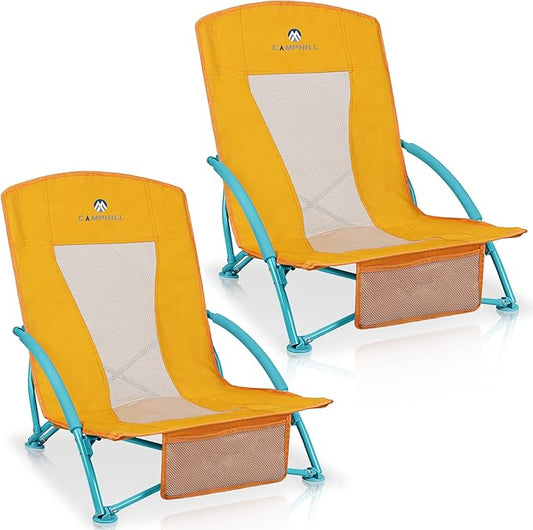 Low Beach Chairs 2 Pack,Folding Compact Low Seat Chairs for Adults w/Mesh Back & Storage Bag,Heavy Duty Chair for Outdoor ...