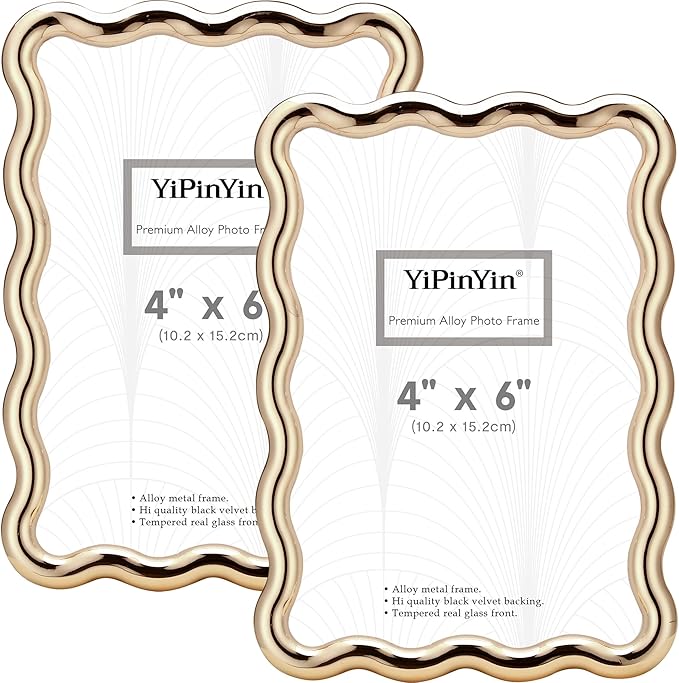 YiPinYin 4x6‘’ Gold Picture Frames Set of 2,High-End Heavy Duty Zinc Alloy Photo Frames with Wave Design,Velvet Backing, D...