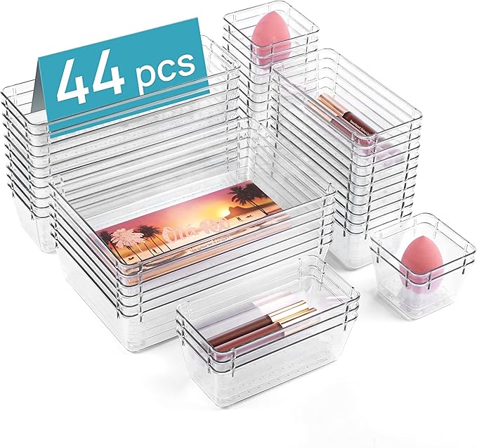 Vtopmart 44 PCS Clear Plastic Drawer Organizers Set, 4-Size Versatile Bathroom and Vanity Organizer Trays, Non-Slip Storag...