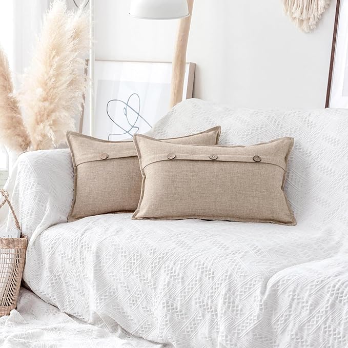Home Brilliant Linen Pillow Covers 12x20 Burlap Button Throw Pillow Covers Decorative Triple Button Farmhouse Cushion Cove...
