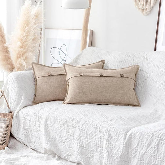 Home Brilliant Linen Pillow Covers 12x20 Burlap Button Throw Pillow Covers Decorative Triple Button Farmhouse Cushion Cove...