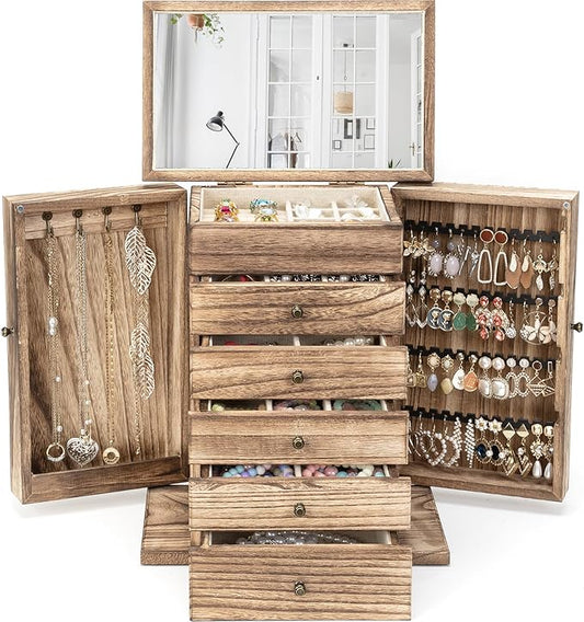 Emfogo Wooden Jewelry Box for Women, 6-Tier Large Jewelry Organizer Boxes with Mirror Rustic Solid Wood jewlery Storage Di...