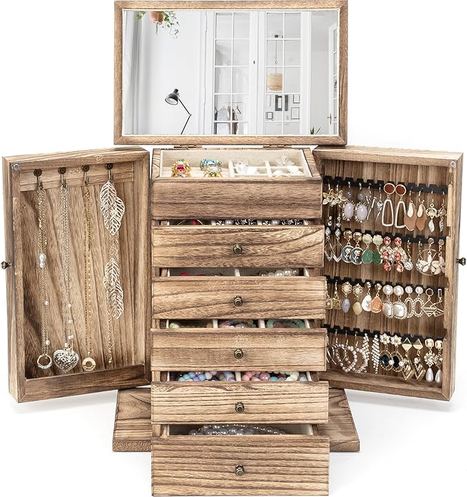 Emfogo Wooden Jewelry Box for Women, 6-Tier Large Jewelry Organizer Boxes with Mirror Rustic Solid Wood jewlery Storage Di...