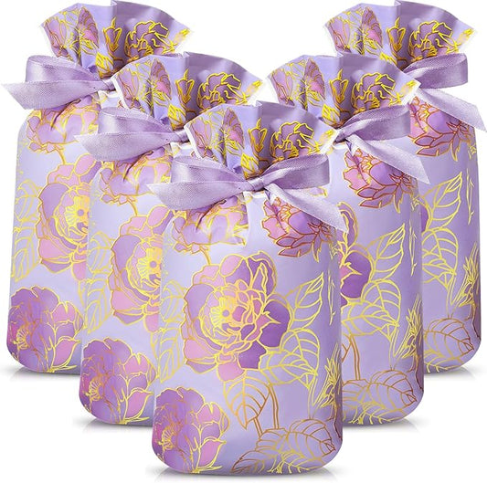 Pasimy 50 Pcs Purple Rose Gift Bag with Drawstring Purple Flowers Party Favor Bags Floral Plastic Candy Goodies Gift Packa...