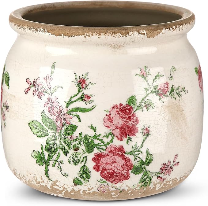 Ninehaoou Vintage Planter Large Ceramic Plants Pot Beige Pink French Rose Ice Crack Cottage Scroll Vase Flower Vase Pot In...