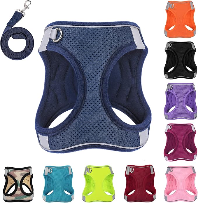 PWOD Dog Harness with Leash Set, No-Pull Step-in Reflective Pet Harness with 1 Leash Clips, Adjustable Soft Padded Easy Wa...