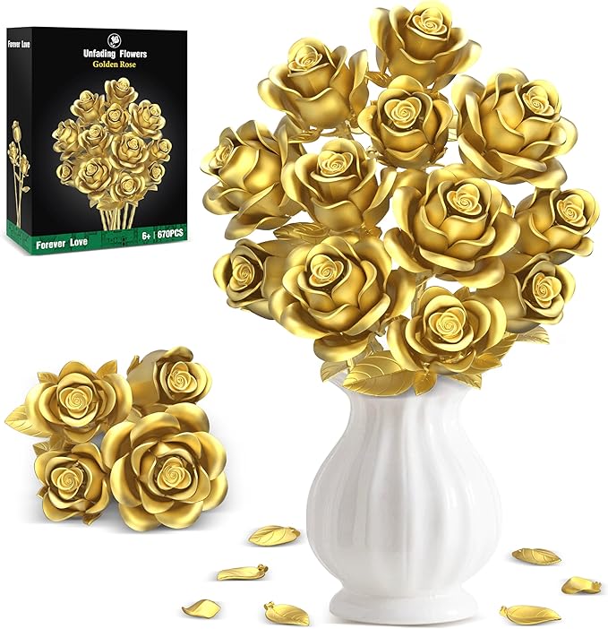 Metallic Gold Roses Flower Bouquet Building Sets, 670Pcs Golden Roses Botanical Collection Compatible with Lego Flowers Va...