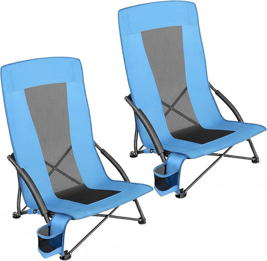 SONGMICS Set of 2 Portable Beach Chairs for Adults, Max. Load 330 lb Each, High Backrest, Cup Holder, Lightweight, Heavy-D...