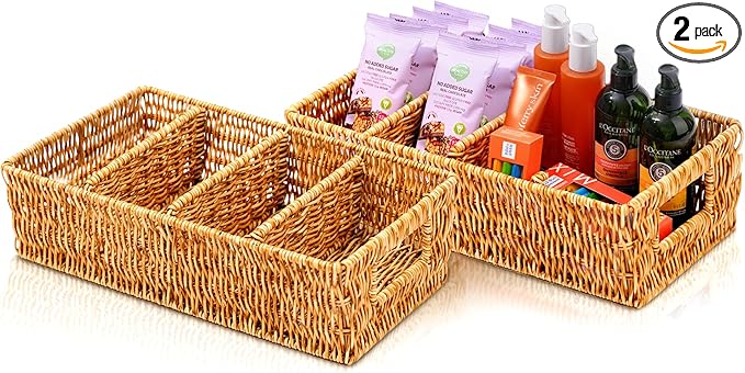 Nature-Inspired Rattan Pantry Organizer Baskets Set of 2 with 3 Removable Dividers – Handwoven Storage Bins for Kitchen or...