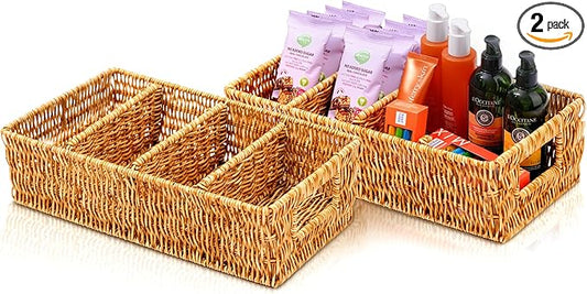 Nature-Inspired Rattan Pantry Organizer Baskets Set of 2 with 3 Removable Dividers – Handwoven Storage Bins for Kitchen or...