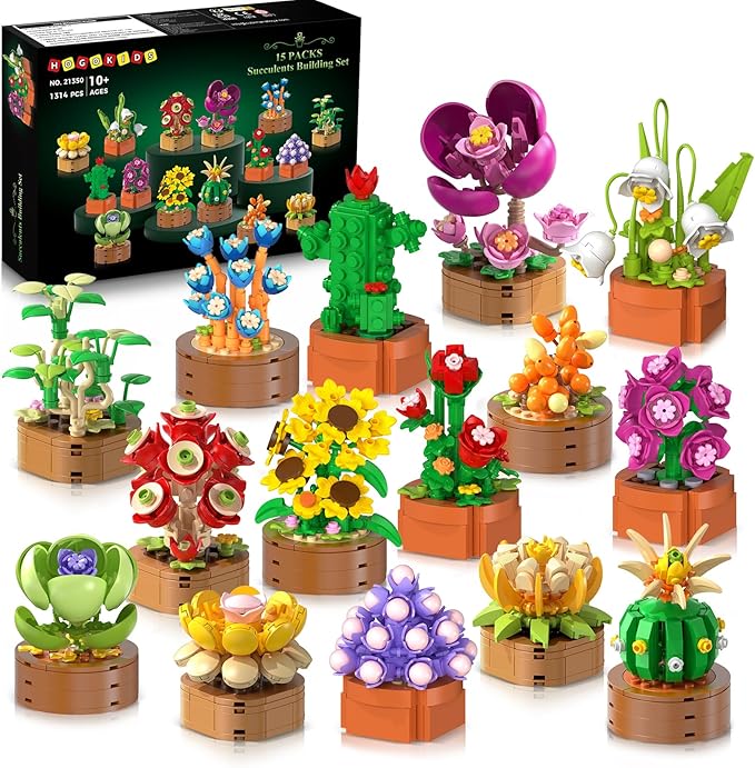 HOGOKIDS 15 Pack Flowers Succulents Mini Building Set for Adults Kids - Gift for Mothers Day, Flower Plant Botanical Colle...