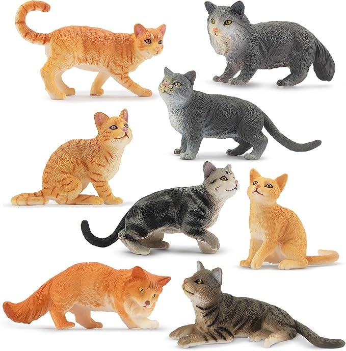 Toymany 8PCS Grey & Orange Cat Figurines Set, Realistic Cat Figures Kitten Toys, Cat Cake Toppers Easter Egg Birthday Gift...