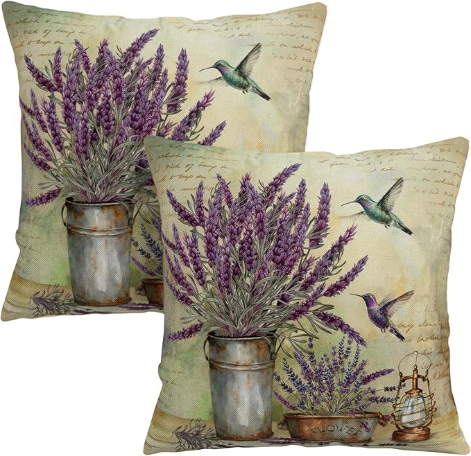 Kwlegh Lavender Pillow Covers Purple Flower Rustic Pillow Covers 18x18 Set of 2 Lavender Hummingbird Pillow Case Spring Vi...
