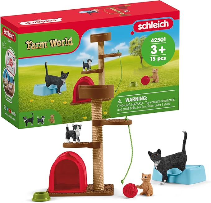 Schleich Farm World Cute Cats and Kittens Playtime Figurine Set - 9-Piece Realistic Momma Cat and Baby Kitten Figurine Lar...