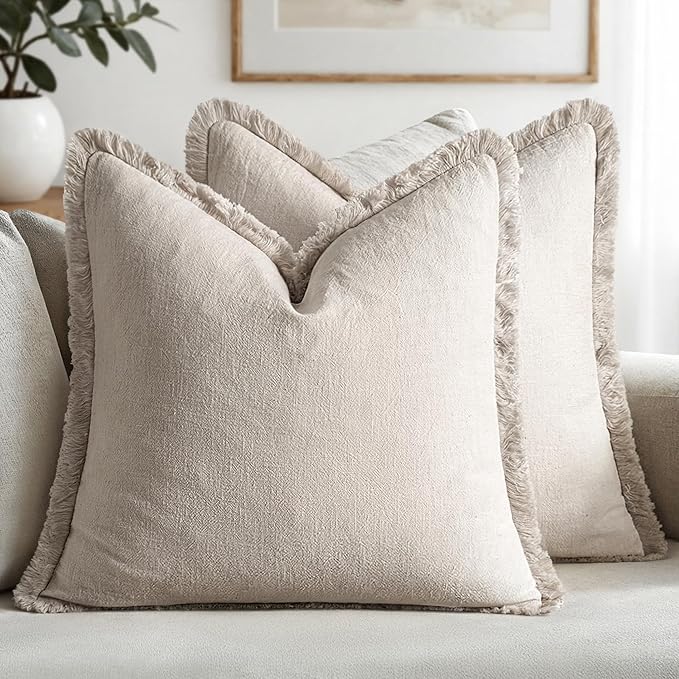MIULEE Decorative Throw Pillow Covers Neutral Linen Fringe Throw Pillows Set of 2 Natural Beige Boho Farmhouse Cushion Cov...