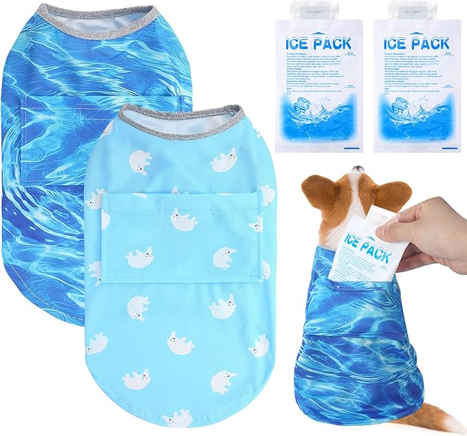 Huhumy 2 Pack Dog Cooling Shirts with 4 Pcs Ice Pack Cooling Vest Quick Dry Vest Dog Cooling Harness Summer Beach Hawaii J...