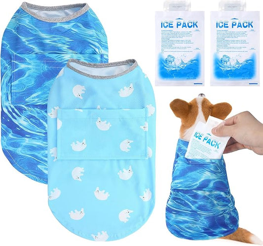 Huhumy 2 Pack Dog Cooling Shirts with 4 Pcs Ice Pack Cooling Vest Quick Dry Vest Dog Cooling Harness Summer Beach Hawaii J...