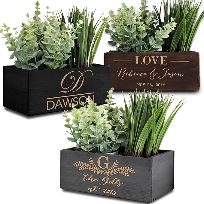 Etchey Personalized Wood Planter Box, Custom Wooden Flower Pot, Name Boxes, Pot, Brown