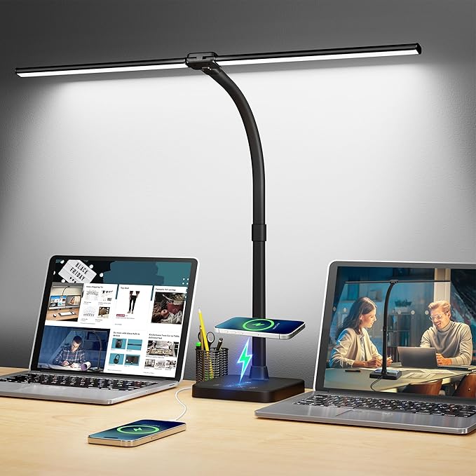 ShineTech LED Desk Lamp for Home Office, 24W Double Head Desk Light with Wireless Charging, USB Port, 25 Lighting Modes Ad...