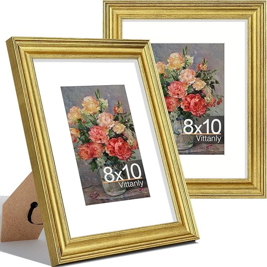 Vittanly 8x10 Picture Frames Set of 2, Ornate Vintage Photo Frame for Wall or Tabletop, Display 5x7 Pictures with Mat or 8...