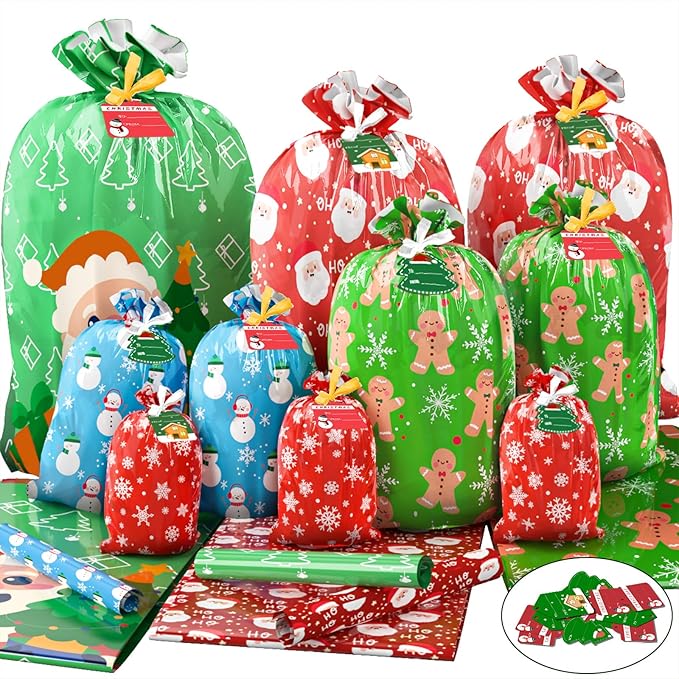 BlessedSeason 22PCS Gift Bags Set, 5 Styles Bags for Gifts, Holiday Reusable Santa Gift Bag (3 X-Large, 3 Large, 5 Medium,...