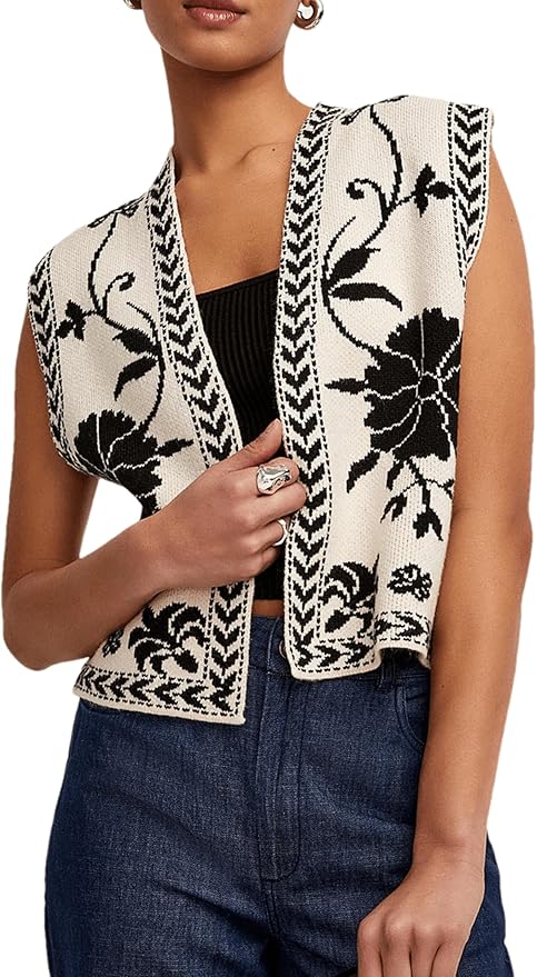 Dapoola Womens Floral Sleeveless Sweater Vest Boho Printing Cropped Casual Knit Cardigan Top