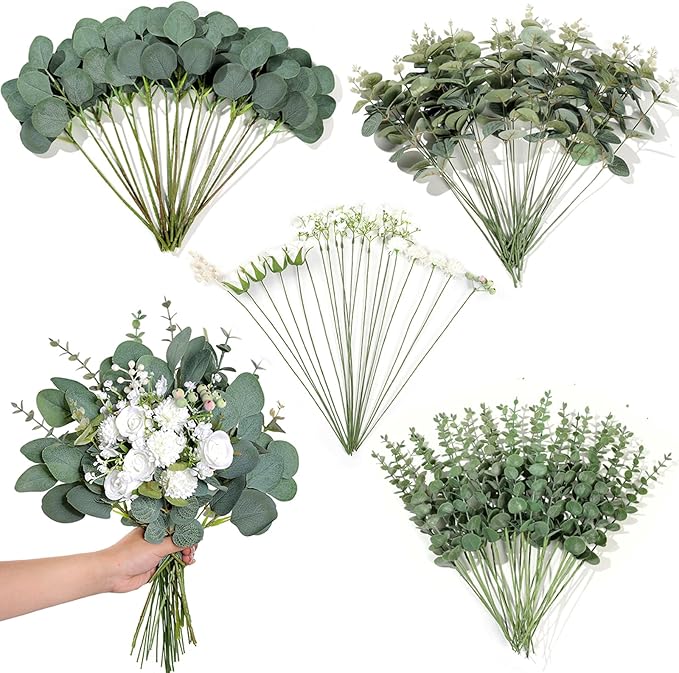 110 Pcs 7 Kinds Mixed Artificial Eucalyptus Stems and Faux Flowers,Fake Silver Dollar Eucalyptus Leaves Stems Bulk Real To...