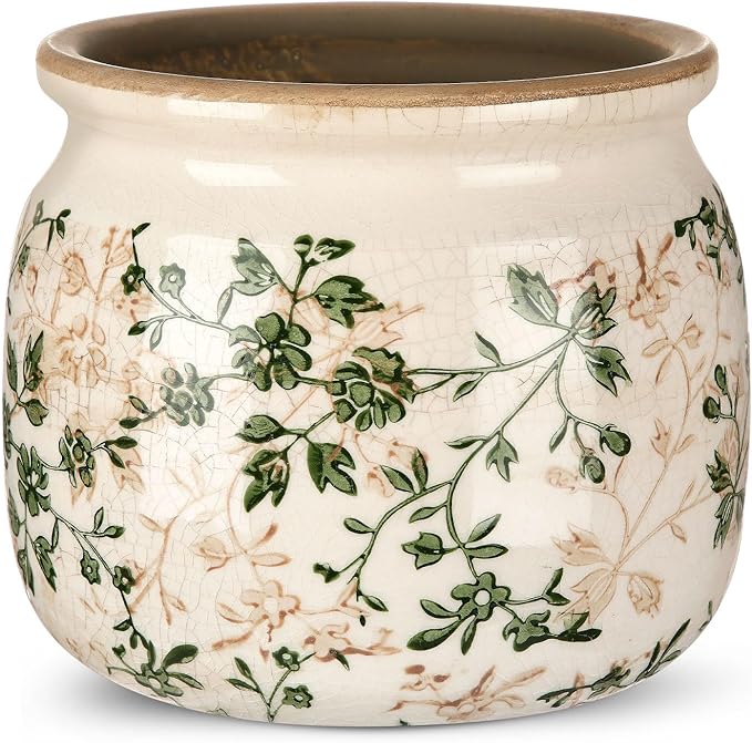Ninehaoou Vintage Planter Large Ceramic Plants Pot Green Pink Pastoral Floral Ice Crack Cottage Scroll Vase Flower Vase Po...