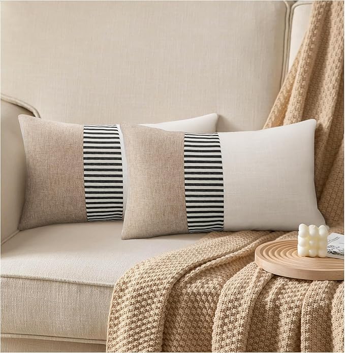 Farmhouse Decorative Lumbar Throw Pillow Covers 18x18 Set of 2, Boho Modern Accent Square Pillow Covers Black and Beige St...