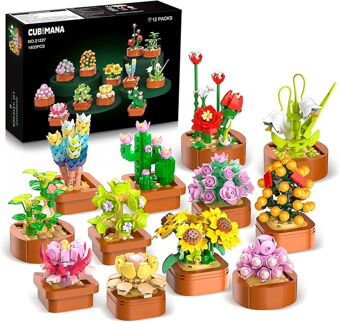 CUBIMANA 12 Pack Flowers Succulents Mini Building Set - Gifts for Mothers Day, Flower Botanical Collection for Home Office...