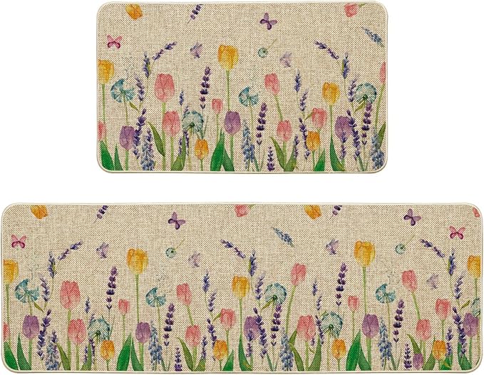 Artoid Mode Lavender Tulip Spring Kitchen Mats Set of 2, Seasonal Flower Summer Home Decor Low-Profile Kitchen Rugs for Fl...