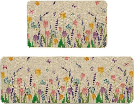 Artoid Mode Lavender Tulip Spring Kitchen Mats Set of 2, Seasonal Flower Summer Home Decor Low-Profile Kitchen Rugs for Fl...