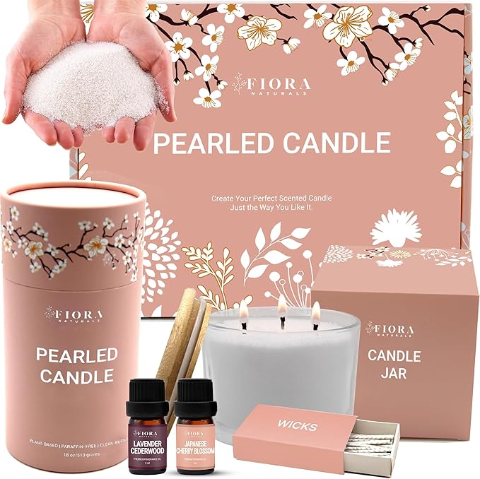 Pearled Candle Sand Gift Set - 18oz Sand Wax, 30 Wicks, 2X Natural Fragrance Oils + Free Large Glass Jar Included - Smoke-...