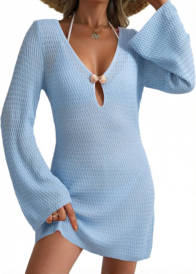 Dokotoo Beach Cover Ups for Women Sexy Deep V Neck Crochet Swimsuit Knit Hollow Out Cover Up Dress Summer Vacation