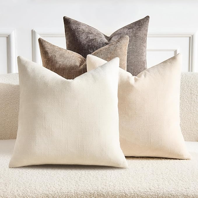 GriNeed Pack of 4 Throw Pillow Covers 22x22 Inch Chenille Textured Neutral Soft Pillow Covers Solid Decorative Farmhouse C...