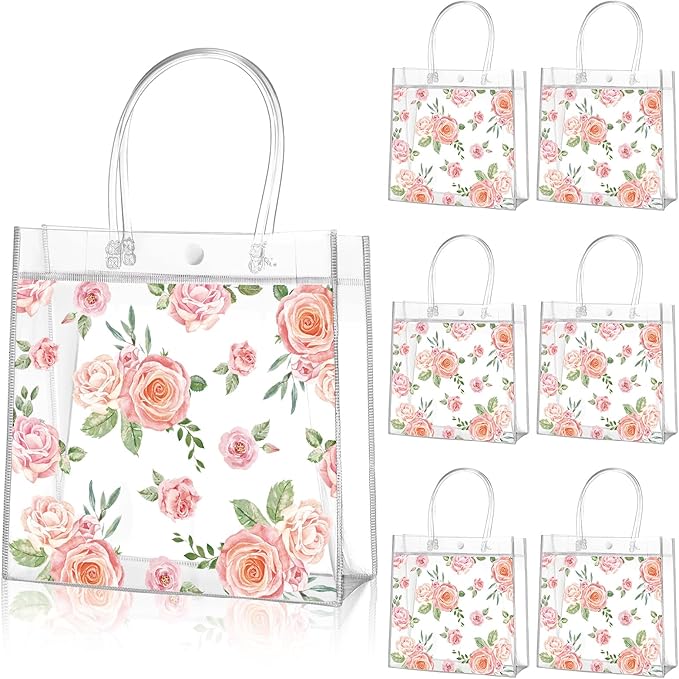 Aliceset 20 Pcs Mother's Day Clear Floral Gift Bags with Handles Flower Rose Party Goodie PVC Treat Bags for Tea Party Bab...