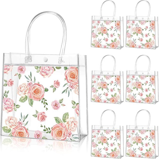 Aliceset 20 Pcs Mother's Day Clear Floral Gift Bags with Handles Flower Rose Party Goodie PVC Treat Bags for Tea Party Bab...
