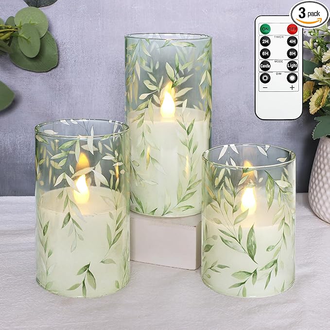 GORGE MOMENT Green Flameless Candles with Remote Willow Leaf Design Battery Operated Candles - Elegant Home Christmas Summ...