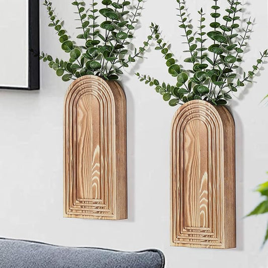 Dnnnii 2 Pack Wooden Wall Vase Set - Brown Finish Modern Farmhouse & Boho Wall Decor for Entryway, Hallway, Bathroom, Livi...