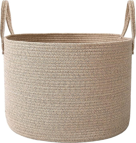 JMvicyroam 65L Extra Large Blanket Basket for Living Room - Woven Cotton Rope Laundry Hamper with Reinforced Handles - Sto...