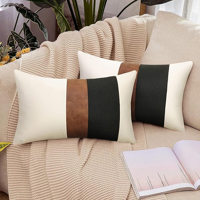Merrycolor Pack of 2 Thick Black Linen Farmhouse Lumbar Throw Pillow Cover Black Brown Decorative Linen Faux Leather Ticki...