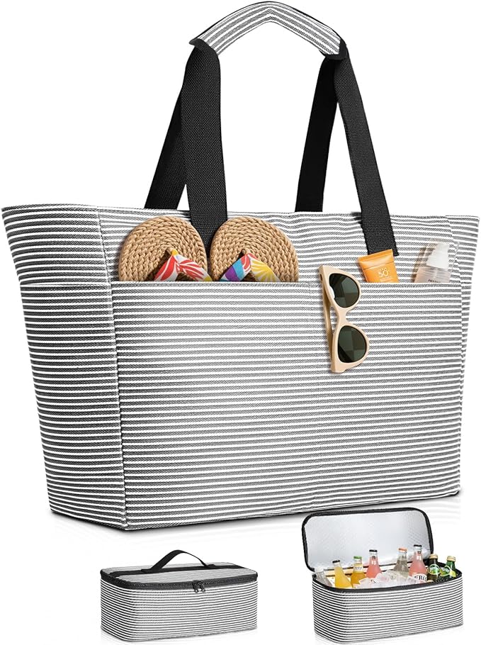 ISEYOU Beach Bag and Cooler Bag Set, 45L Waterproof XXL Foldable Tote with Zipper, 8 Pockets for Pool, Picnic, Travel