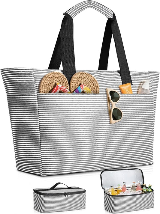 ISEYOU Beach Bag and Cooler Bag Set, 45L Waterproof XXL Foldable Tote with Zipper, 8 Pockets for Pool, Picnic, Travel