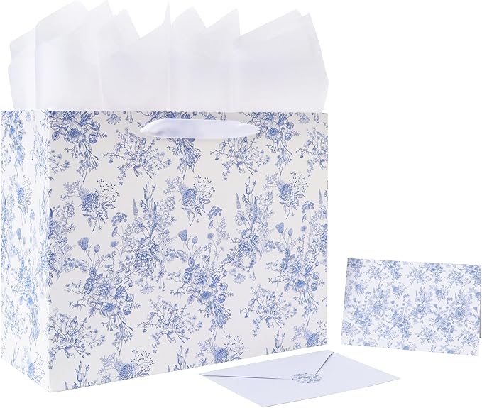 13'' Large Blue Floral Gift Bag Set with Handles, Greeting Card, White Tissue Papers and Stickers for Women Girls for Birt...