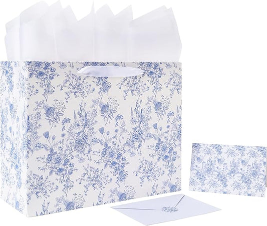 13'' Large Blue Floral Gift Bag Set with Handles, Greeting Card, White Tissue Papers and Stickers for Women Girls for Birt...