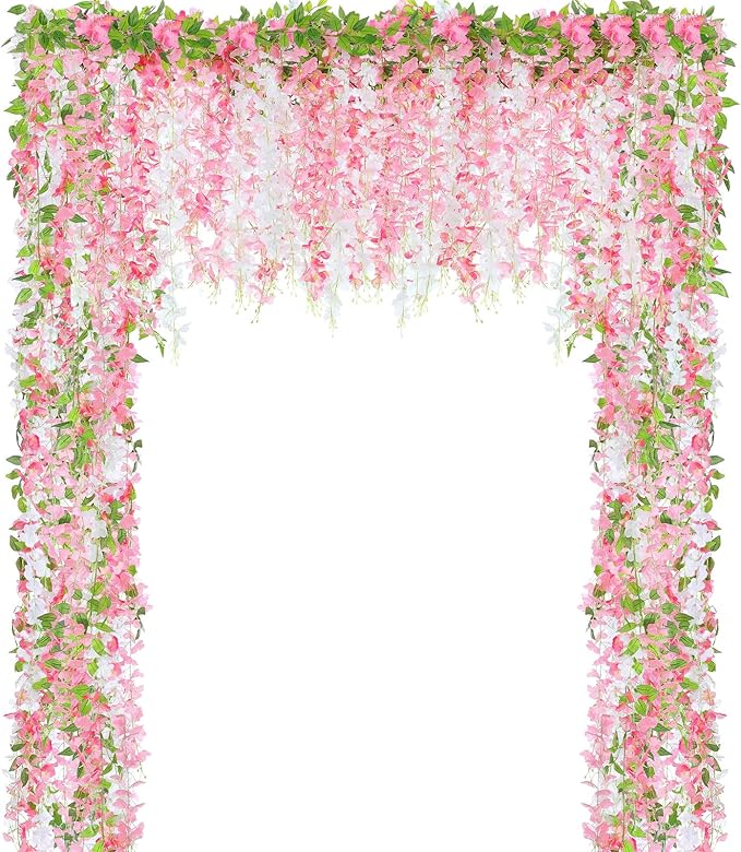 Thiccywoov 4pcs Wisteria Artificial Flowers Garland, 7.2Ft/Piece Wisteria Hanging Flowers Garland for Wedding Arch Decorat...