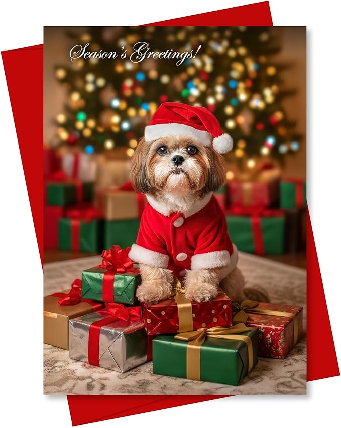 CATNEVERLAND Shih Tzu Santa Christmas Greeting Card – Dogs for Christmas Collection – 5x7” Premium Holiday Card with Red E...