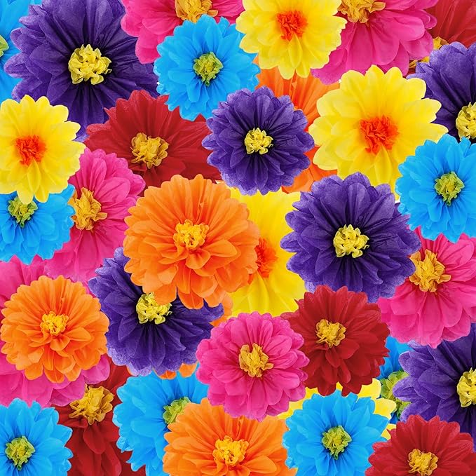 Geyee 36 Pcs Mexican Paper Flowers Colorful Fiesta Tissue Paper Flowers Pom Poms Mexican Carnival for Floral Party Backdro...